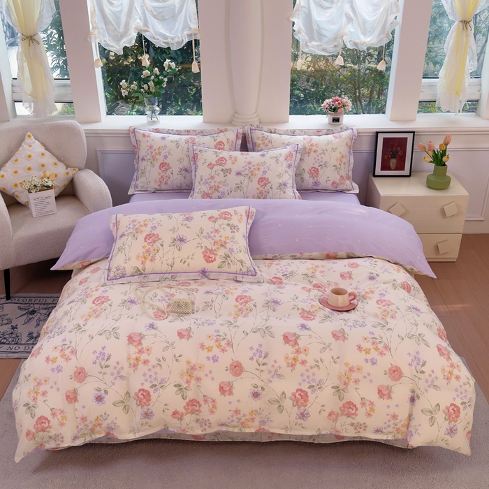 91家纺网 家纺一手货源 找家纺 铭博家纺 新款直播爆款网红全棉四件套13070印花吊边一字绣纯棉被套工艺款 时夏