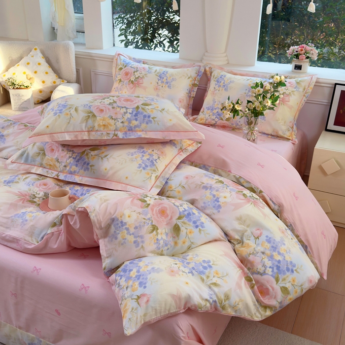 91家纺网 家纺一手货源 找家纺 铭博家纺 新款直播爆款网红全棉四件套13070印花吊边一字绣纯棉被套工艺款 水墨嫣然