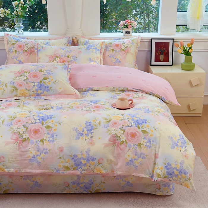 91家纺网 家纺一手货源 找家纺 铭博家纺 新款直播爆款网红全棉四件套13070印花吊边一字绣纯棉被套工艺款 水墨嫣然