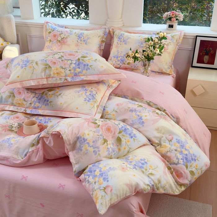 91家纺网 家纺一手货源 找家纺 铭博家纺 新款直播爆款网红全棉四件套13070印花吊边一字绣纯棉被套工艺款 水墨嫣然