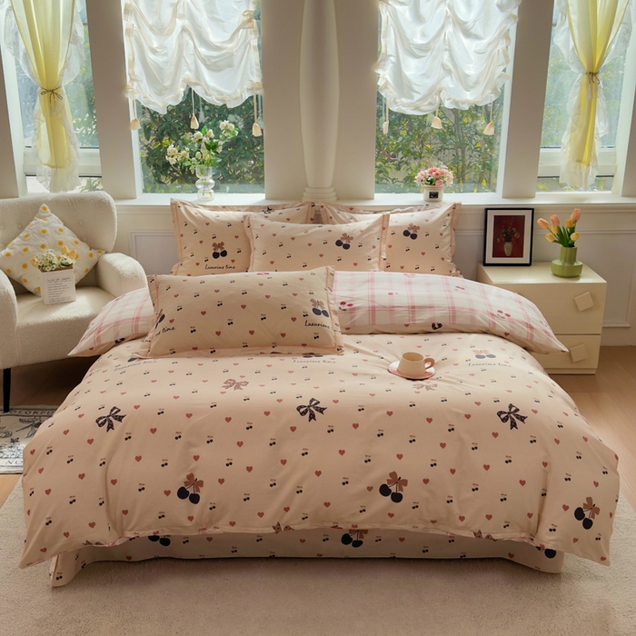 91家纺网 家纺一手货源 找家纺 铭博家纺 新款直播爆款网红全棉四件套13070印花吊边一字绣纯棉被套工艺款 小丸子-咖