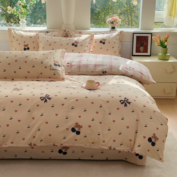 91家纺网 家纺一手货源 找家纺 铭博家纺 新款直播爆款网红全棉四件套13070印花吊边一字绣纯棉被套工艺款 小丸子-咖