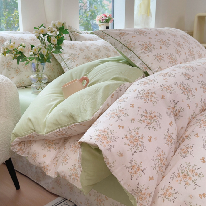 铭博家纺 新款直播爆款网红全棉四件套13070印花吊边一字绣纯棉被套工艺款 雅花意