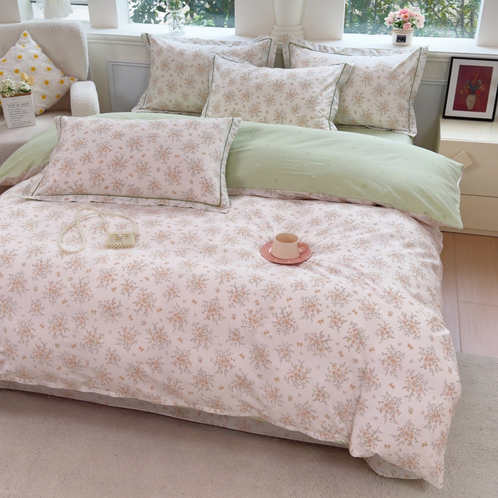 91家纺网 家纺一手货源 找家纺 铭博家纺 新款直播爆款网红全棉四件套13070印花吊边一字绣纯棉被套工艺款 雅花意