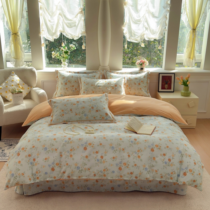 91家纺网 家纺一手货源 找家纺 铭博家纺 新款直播爆款网红全棉四件套13070印花吊边一字绣纯棉被套工艺款 烟雨江南-兰