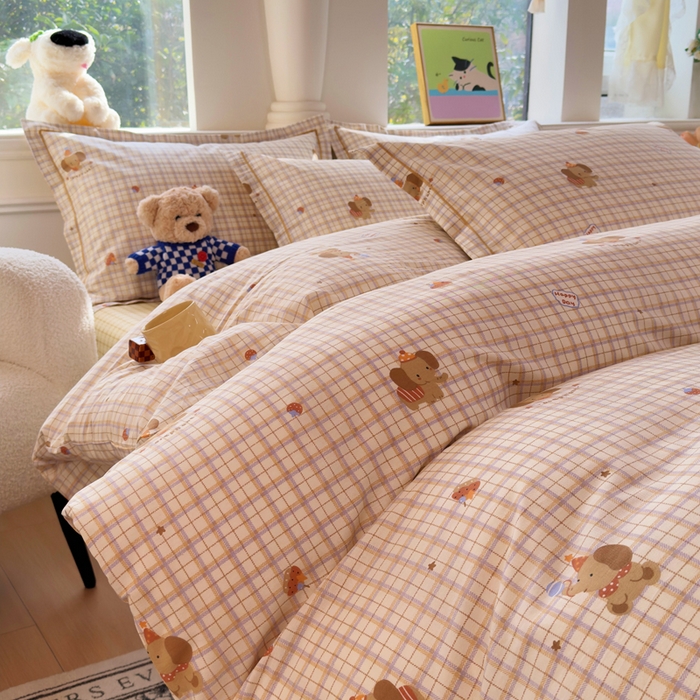 91家纺网 家纺一手货源 找家纺 铭博家纺 2025新款直播热款全棉吊边一字绣工艺款13070印花全棉单床单 吉象条格-咖