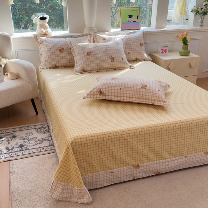 铭博家纺 2025新款直播热款全棉吊边一字绣工艺款13070印花全棉单床单 吉象条格-咖