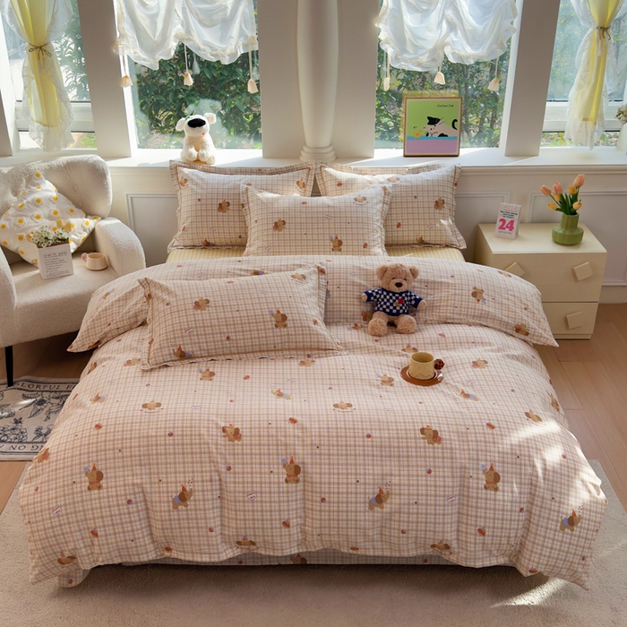 91家纺网 家纺一手货源 找家纺 铭博家纺 2025新款直播热款全棉吊边一字绣工艺款13070印花全棉单床单 吉象条格-咖