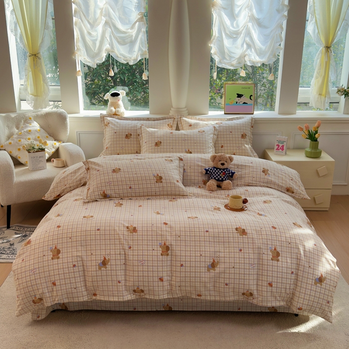 91家纺网 家纺一手货源 找家纺 铭博家纺 2025新款直播热款全棉吊边一字绣工艺款13070印花全棉单床单 吉象条格-咖