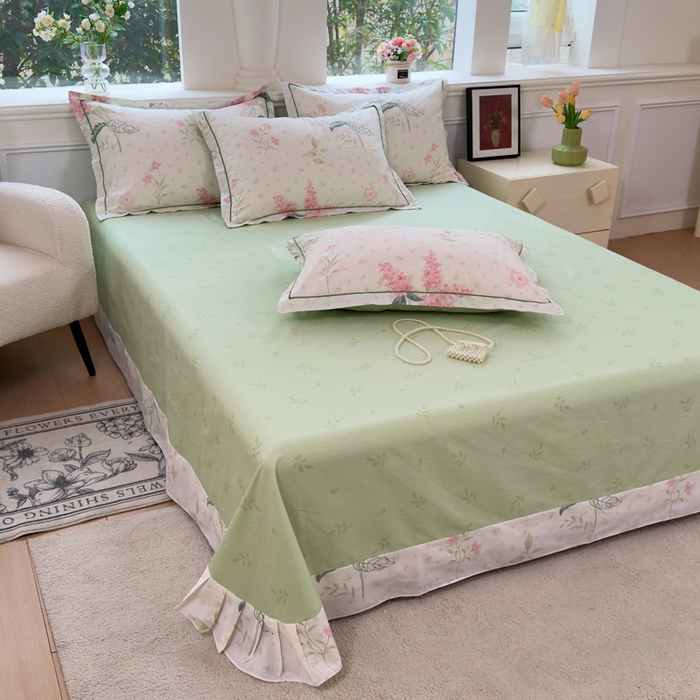 铭博家纺 2025新款直播热款全棉吊边一字绣工艺款13070印花全棉单床单 浪漫花香