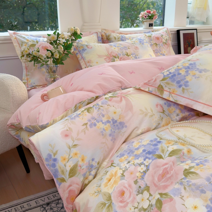 91家纺网 家纺一手货源 找家纺 铭博家纺 2025新款直播热款全棉吊边一字绣工艺款13070印花全棉单床单 水墨嫣然