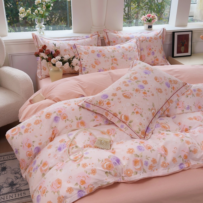 91家纺网 家纺一手货源 找家纺 铭博家纺 2026新款13070新款100%全棉纯棉印花工艺款吊边四件套 浮云花浔