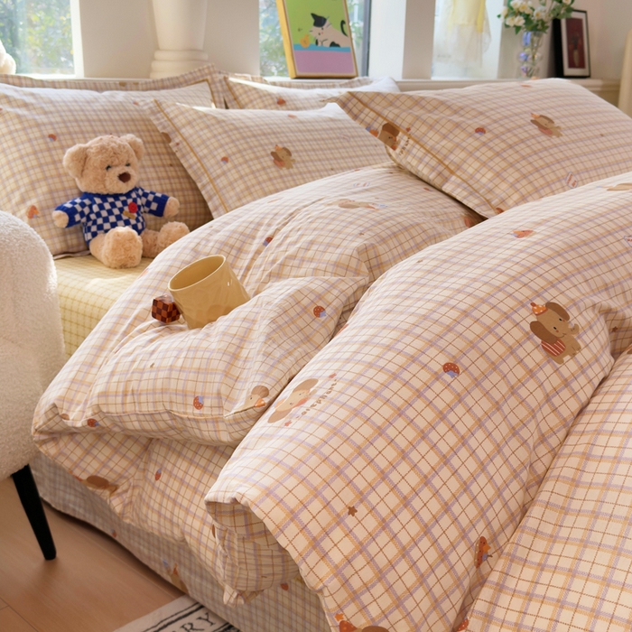 铭博家纺 2026新款13070新款100%全棉纯棉印花工艺款吊边四件套 吉象条格-咖