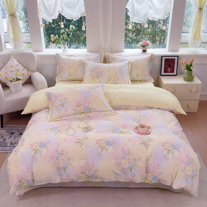 91家纺网 家纺一手货源 找家纺 铭博家纺 2026新款13070新款100%全棉纯棉印花工艺款吊边四件套 琪花瑶草