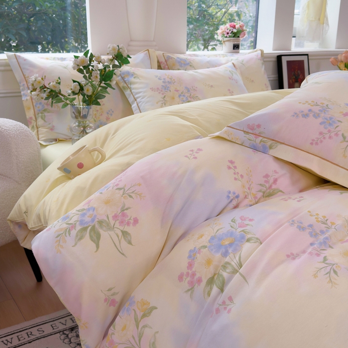 91家纺网 家纺一手货源 找家纺 铭博家纺 2026新款13070新款100%全棉纯棉印花工艺款吊边四件套 琪花瑶草