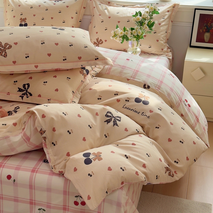 91家纺网 家纺一手货源 找家纺 铭博家纺 2026新款13070新款100%全棉纯棉印花工艺款吊边四件套 小丸子-咖