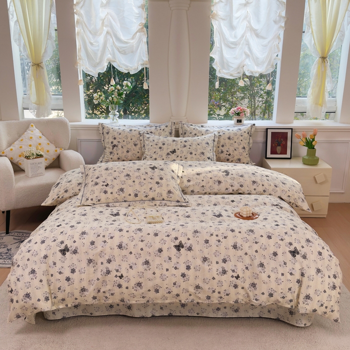 91家纺网 家纺一手货源 找家纺 铭博家纺 2026新款13070新款100%全棉纯棉印花工艺款吊边四件套 花素蝶栖