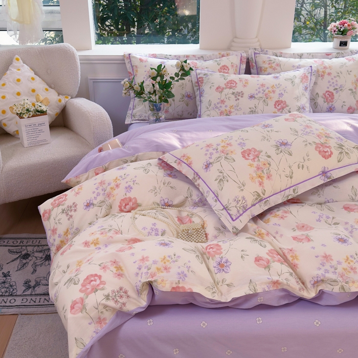 91家纺网 家纺一手货源 找家纺 铭博家纺 2026新款13070新款100%全棉纯棉印花工艺款吊边四件套 时夏