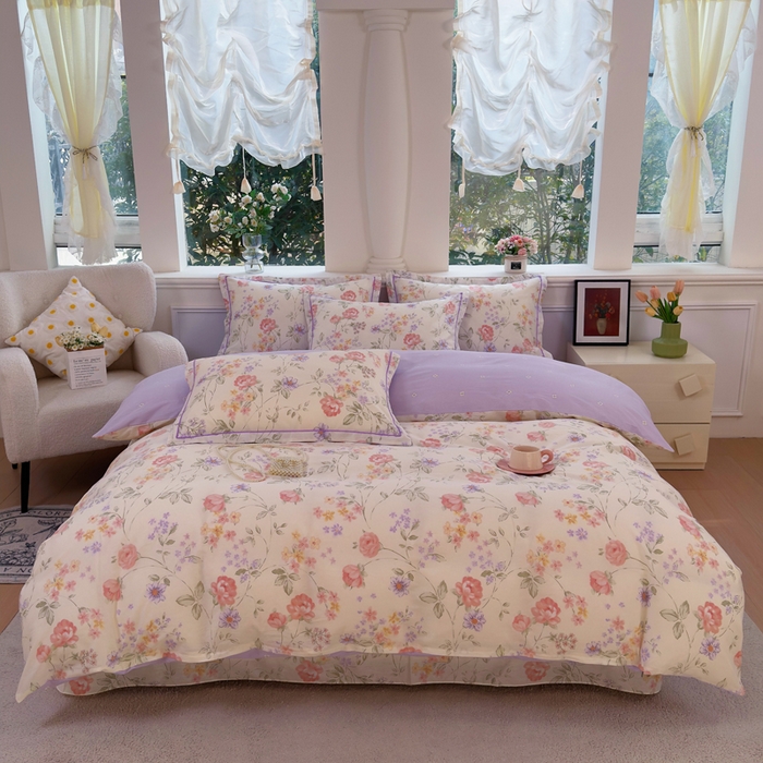 91家纺网 家纺一手货源 找家纺 铭博家纺 2026新款13070新款100%全棉纯棉印花工艺款吊边四件套 时夏