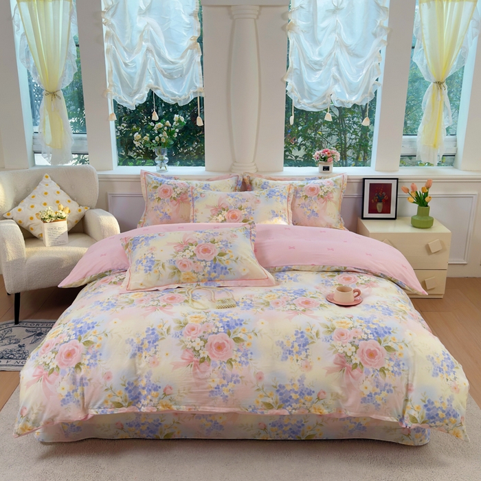 91家纺网 家纺一手货源 找家纺 铭博家纺 2026新款13070新款100%全棉纯棉印花工艺款吊边四件套 水墨嫣然