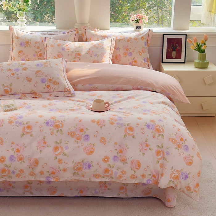 91家纺网 家纺一手货源 找家纺 铭博家纺 2026新款13070新款100%全棉纯棉印花工艺款吊边四件套 浮云花浔