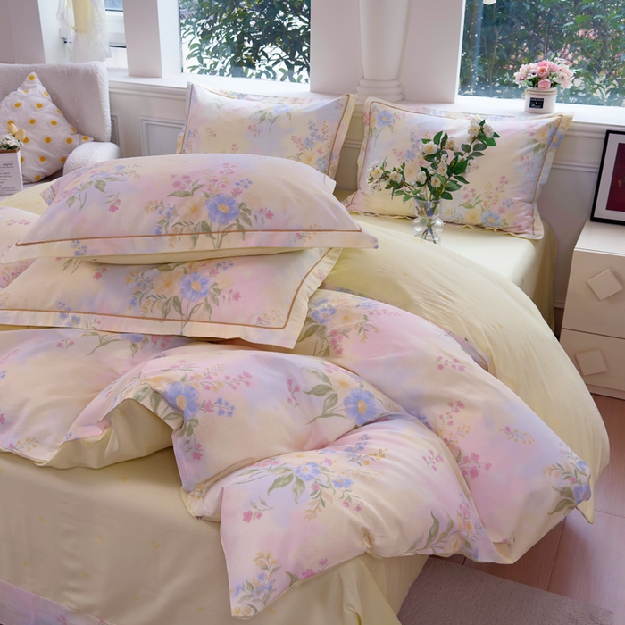 91家纺网 家纺一手货源 找家纺 铭博家纺 2026新款13070新款100%全棉纯棉印花工艺款吊边四件套 琪花瑶草