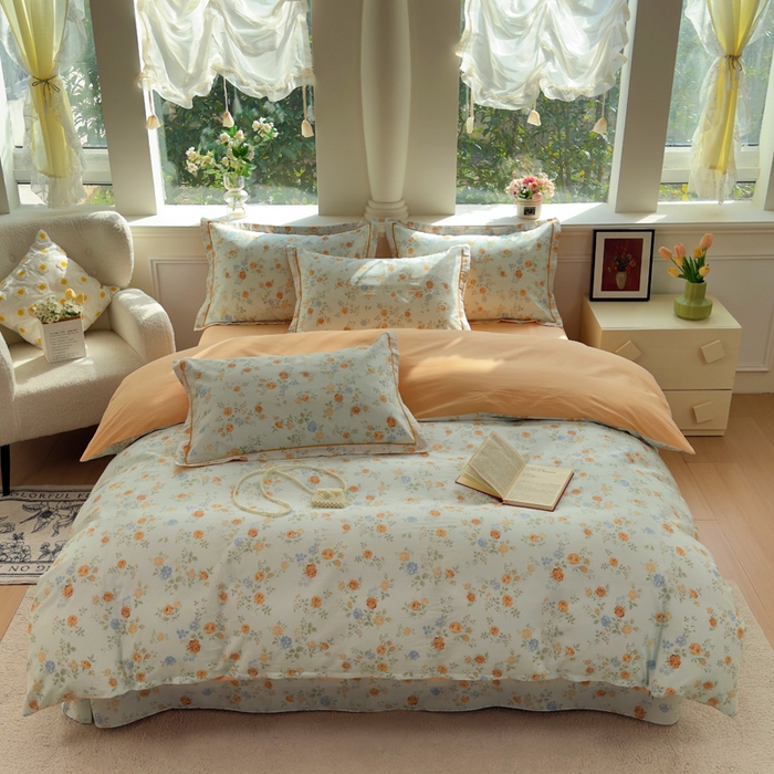 91家纺网 家纺一手货源 找家纺 铭博家纺 2026新款13070新款100%全棉纯棉印花工艺款吊边四件套 烟雨江南-兰