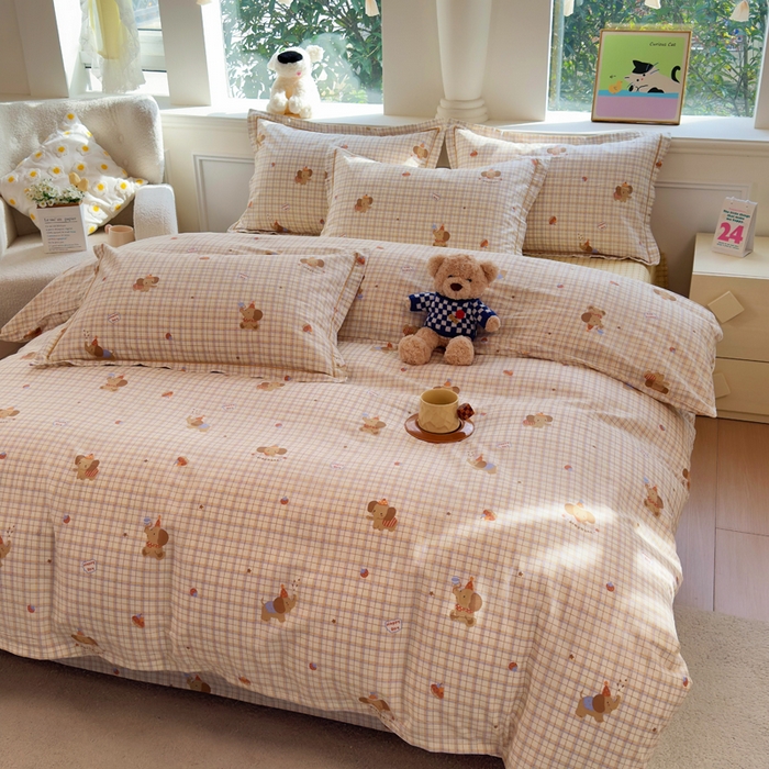 91家纺网 家纺一手货源 找家纺 铭博家纺 2026新款13070新款100%全棉纯棉印花工艺款吊边四件套 吉象条格-咖