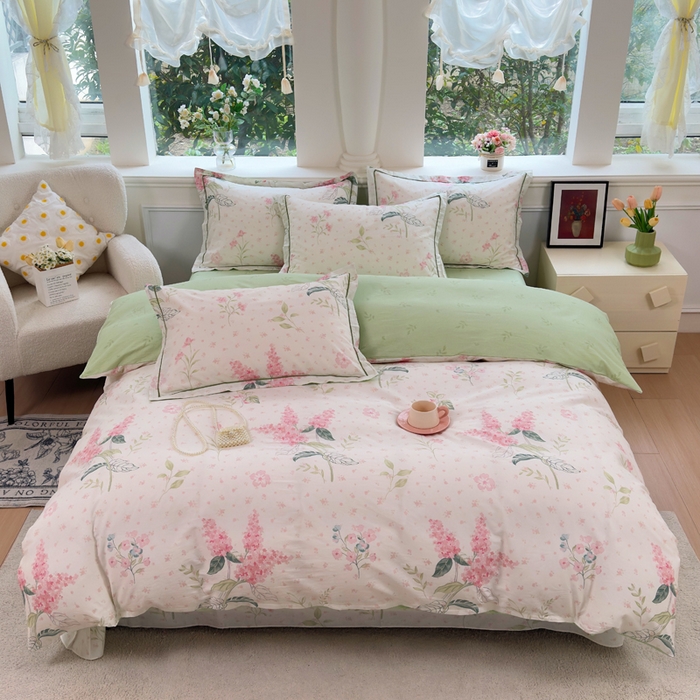 91家纺网 家纺一手货源 找家纺 铭博家纺 2026新款13070新款100%全棉纯棉印花工艺款吊边四件套 浪漫花香