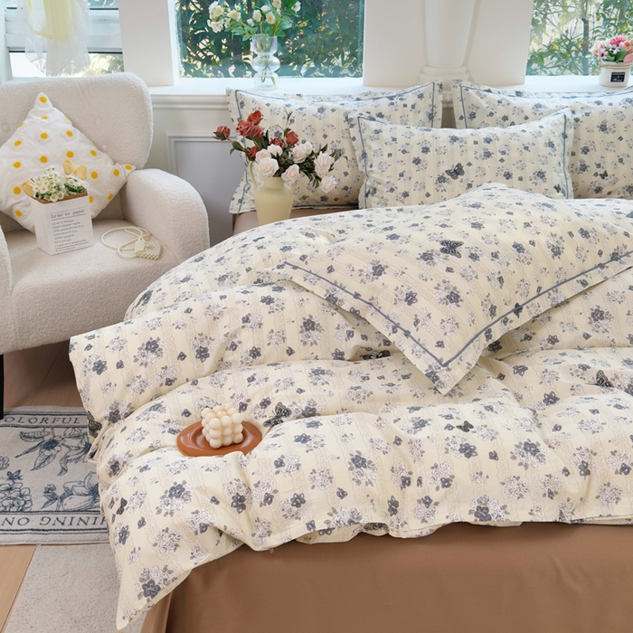 91家纺网 家纺一手货源 找家纺 铭博家纺 2026新款13070新款100%全棉纯棉印花工艺款吊边四件套 花素蝶栖