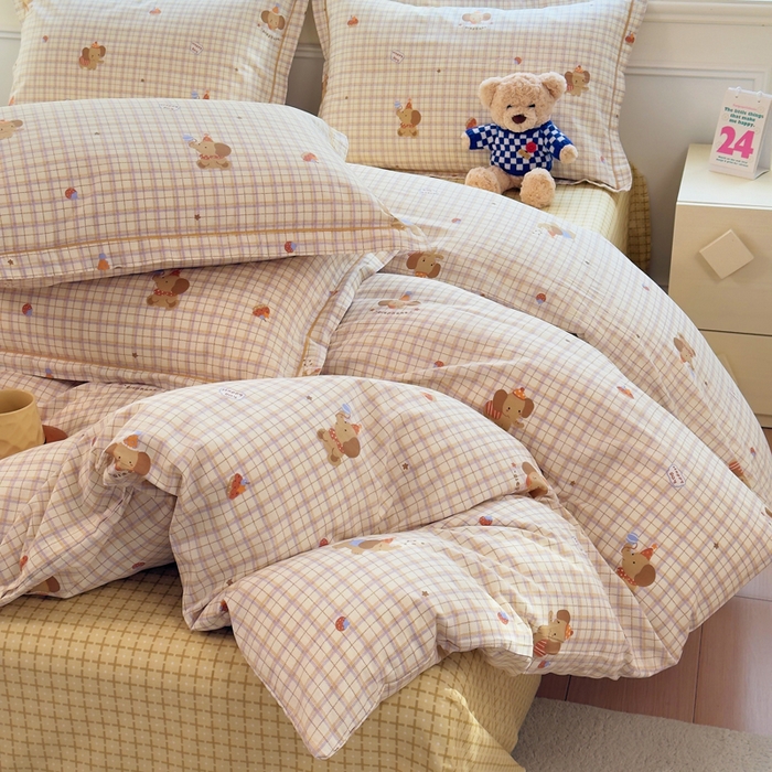 91家纺网 家纺一手货源 找家纺 铭博家纺 2026新款13070新款100%全棉纯棉印花工艺款吊边四件套 吉象条格-咖