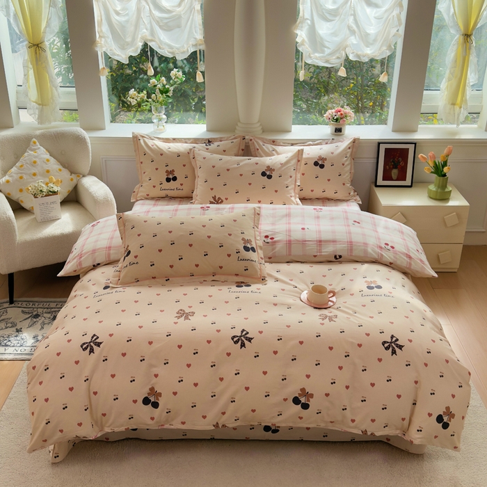 91家纺网 家纺一手货源 找家纺 铭博家纺 2026新款13070新款100%全棉纯棉印花工艺款吊边四件套 小丸子-咖