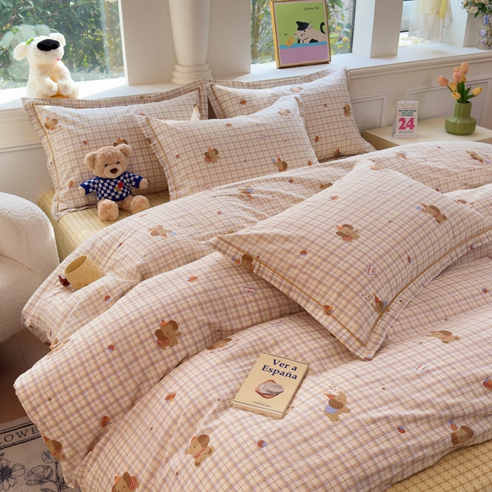 91家纺网 家纺一手货源 找家纺 铭博家纺 2026新款13070新款100%全棉纯棉印花工艺款吊边四件套 吉象条格-咖