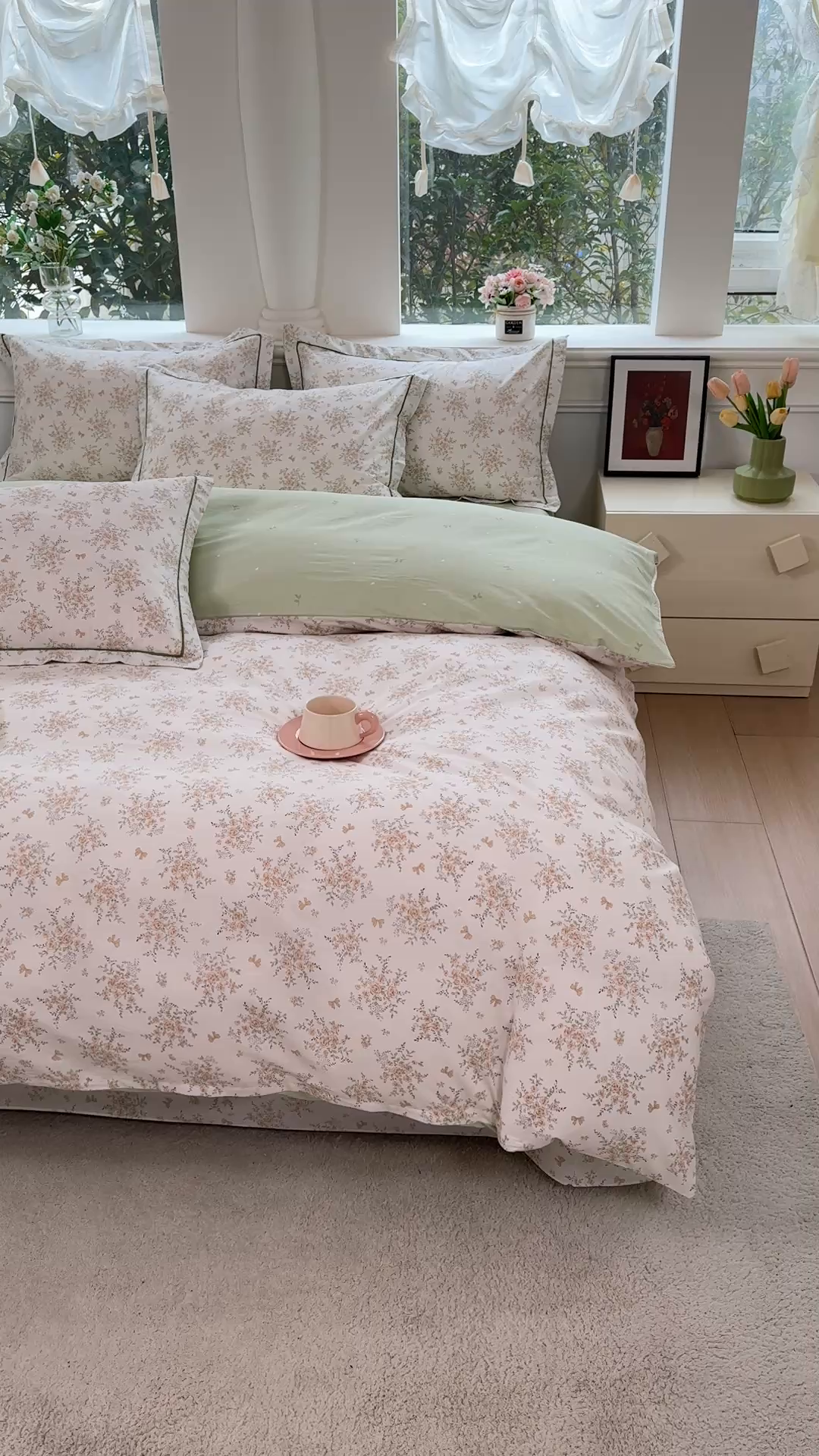 91家纺网 家纺一手货源 找家纺 铭博家纺 2026新款13070新款100%全棉纯棉印花工艺款吊边四件套 雅花意