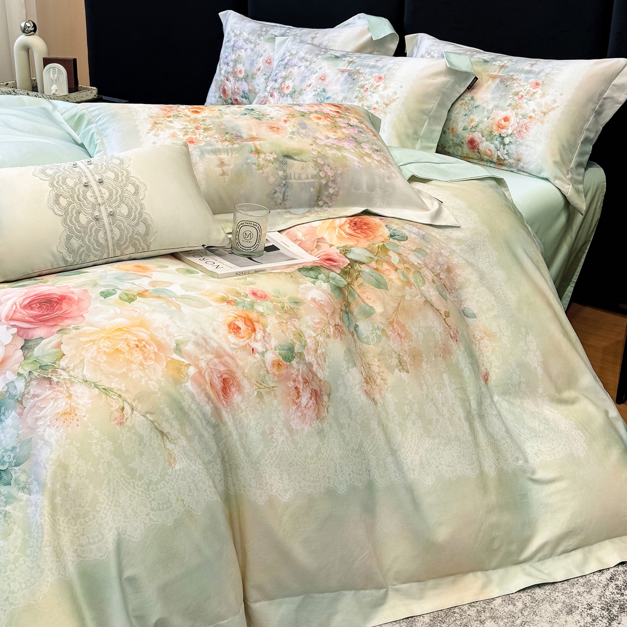 91家纺网 家纺一手货源 找家纺 （总）莱势 2026新款100支全棉纯棉50x50s贡缎长绒棉数码印花四件套高端礼盒-芙光