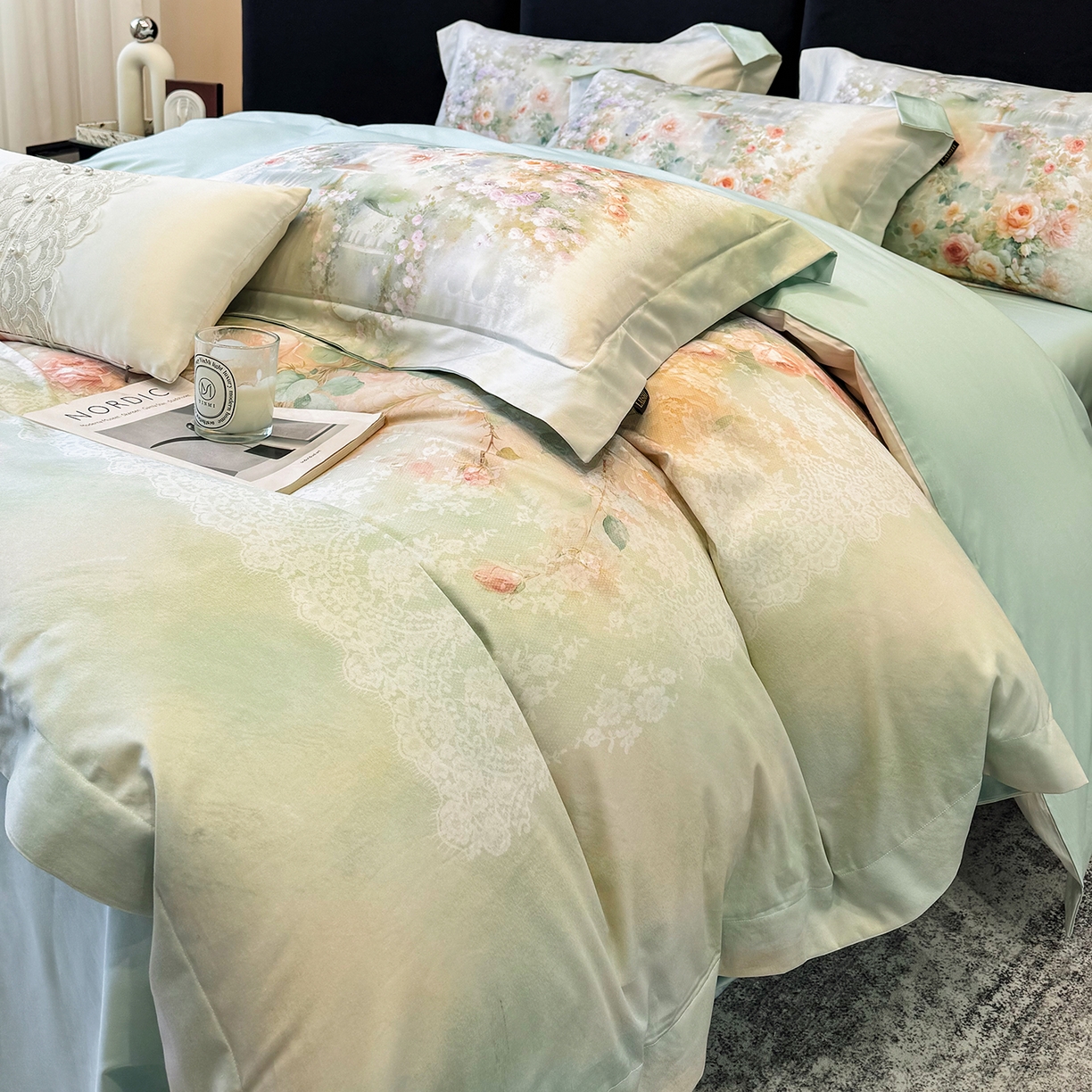 91家纺网 家纺一手货源 找家纺 莱势 2026新款100支全棉纯棉50x50s贡缎长绒棉数码印花四件套高端礼盒-芙光 芙光-绿野仙踪