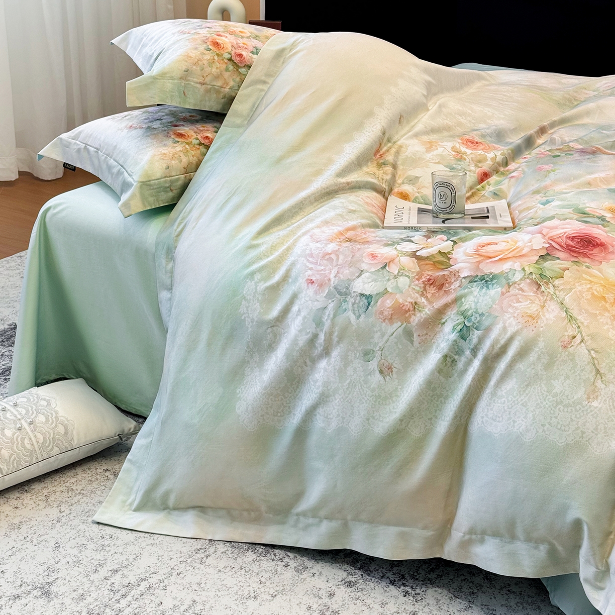 91家纺网 家纺一手货源 找家纺 莱势 2026新款100支全棉纯棉50x50s贡缎长绒棉数码印花四件套高端礼盒-芙光 芙光-绿野仙踪