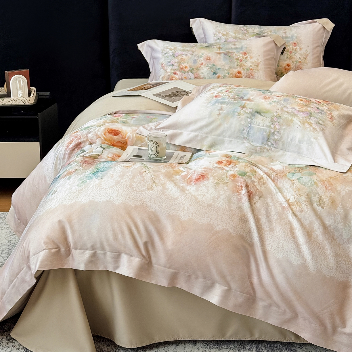 91家纺网 家纺一手货源 找家纺 莱势 2026新款100支全棉纯棉50x50s贡缎长绒棉数码印花四件套高端礼盒-芙光 芙光-香槟