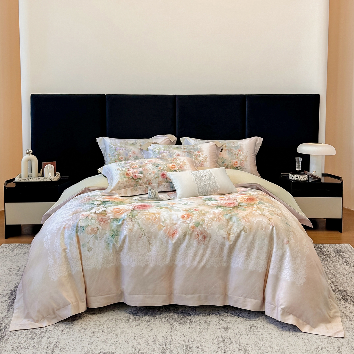 91家纺网 家纺一手货源 找家纺 莱势 2026新款100支全棉纯棉50x50s贡缎长绒棉数码印花四件套高端礼盒-芙光 芙光-香槟