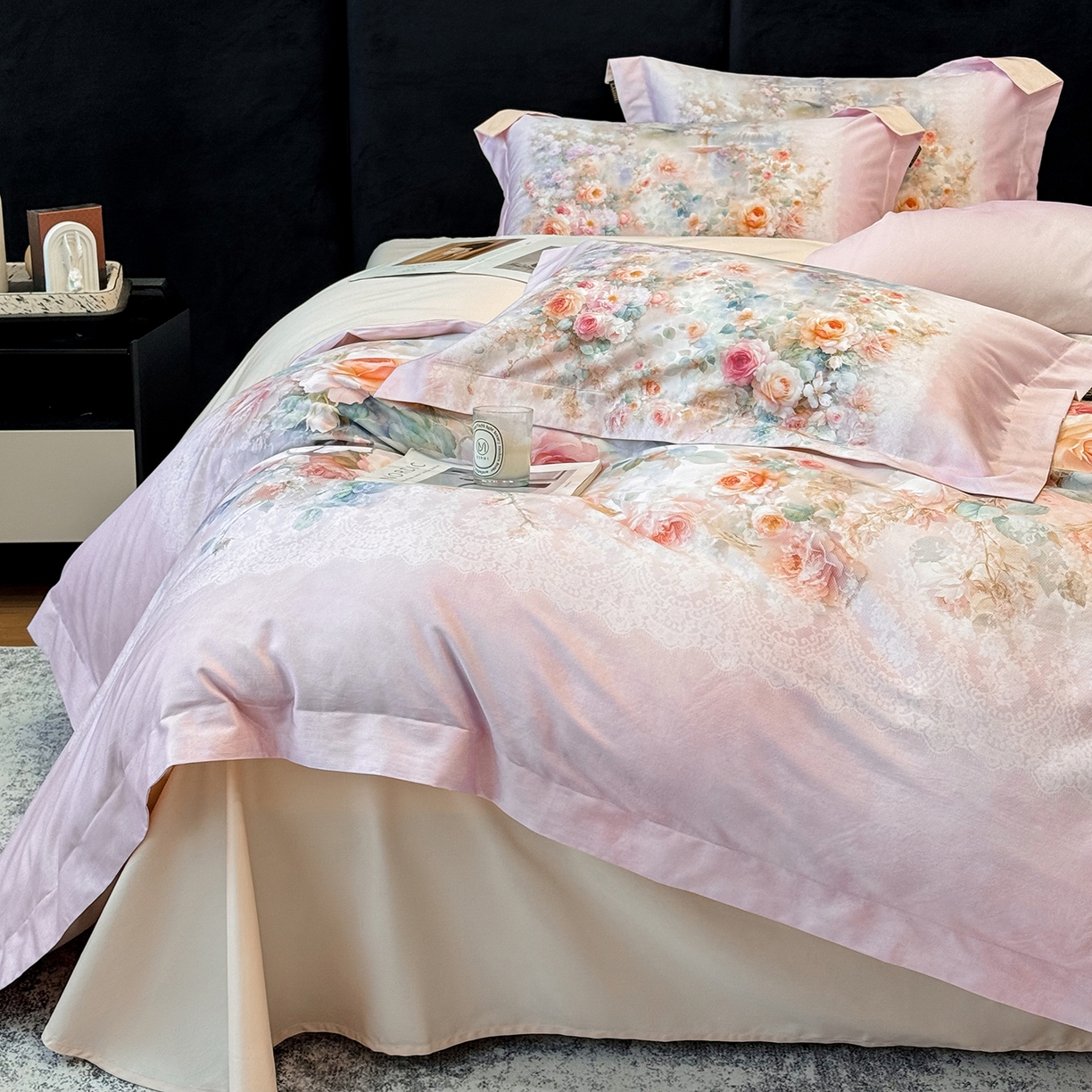 91家纺网 家纺一手货源 找家纺 莱势 2026新款100支全棉纯棉50x50s贡缎长绒棉数码印花四件套高端礼盒-芙光 芙光-轻奢粉