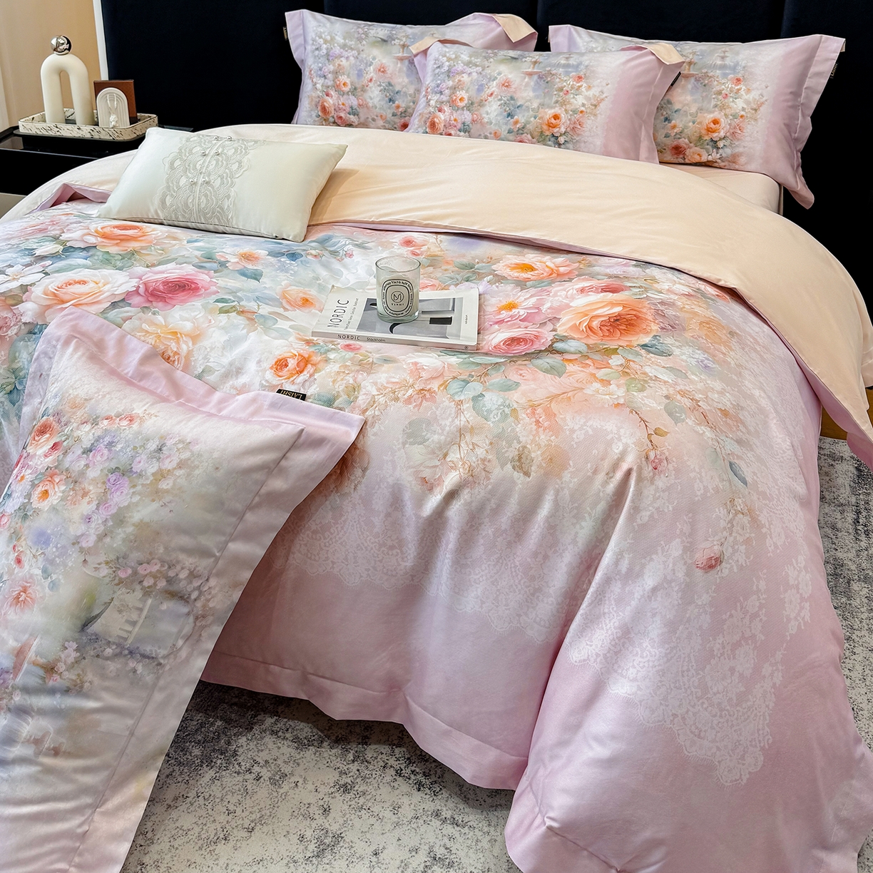 91家纺网 家纺一手货源 找家纺 莱势 2026新款100支全棉纯棉50x50s贡缎长绒棉数码印花四件套高端礼盒-芙光 芙光-轻奢粉