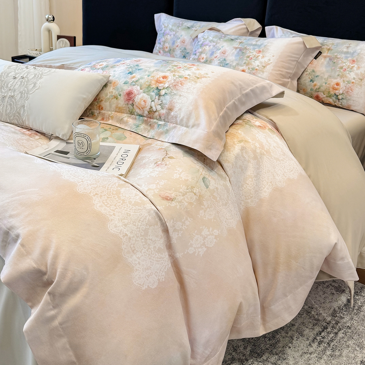 91家纺网 家纺一手货源 找家纺 莱势 2026新款100支全棉纯棉50x50s贡缎长绒棉数码印花四件套高端礼盒-芙光 芙光-香槟