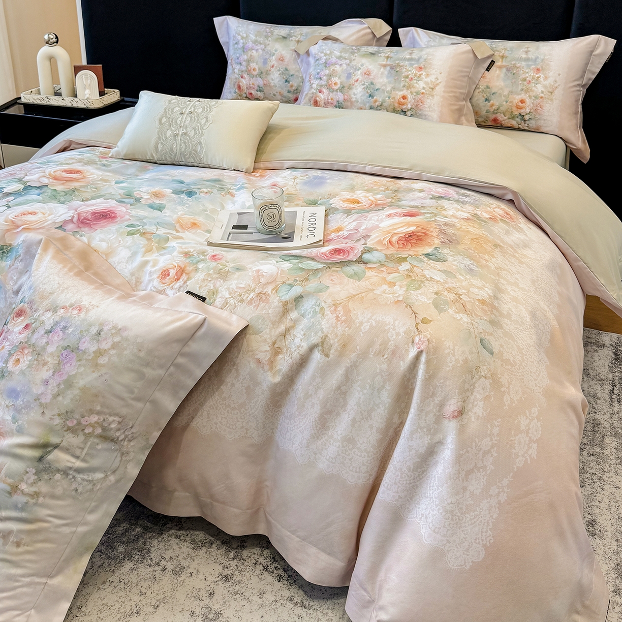 91家纺网 家纺一手货源 找家纺 莱势 2026新款100支全棉纯棉50x50s贡缎长绒棉数码印花四件套高端礼盒-芙光 芙光-香槟