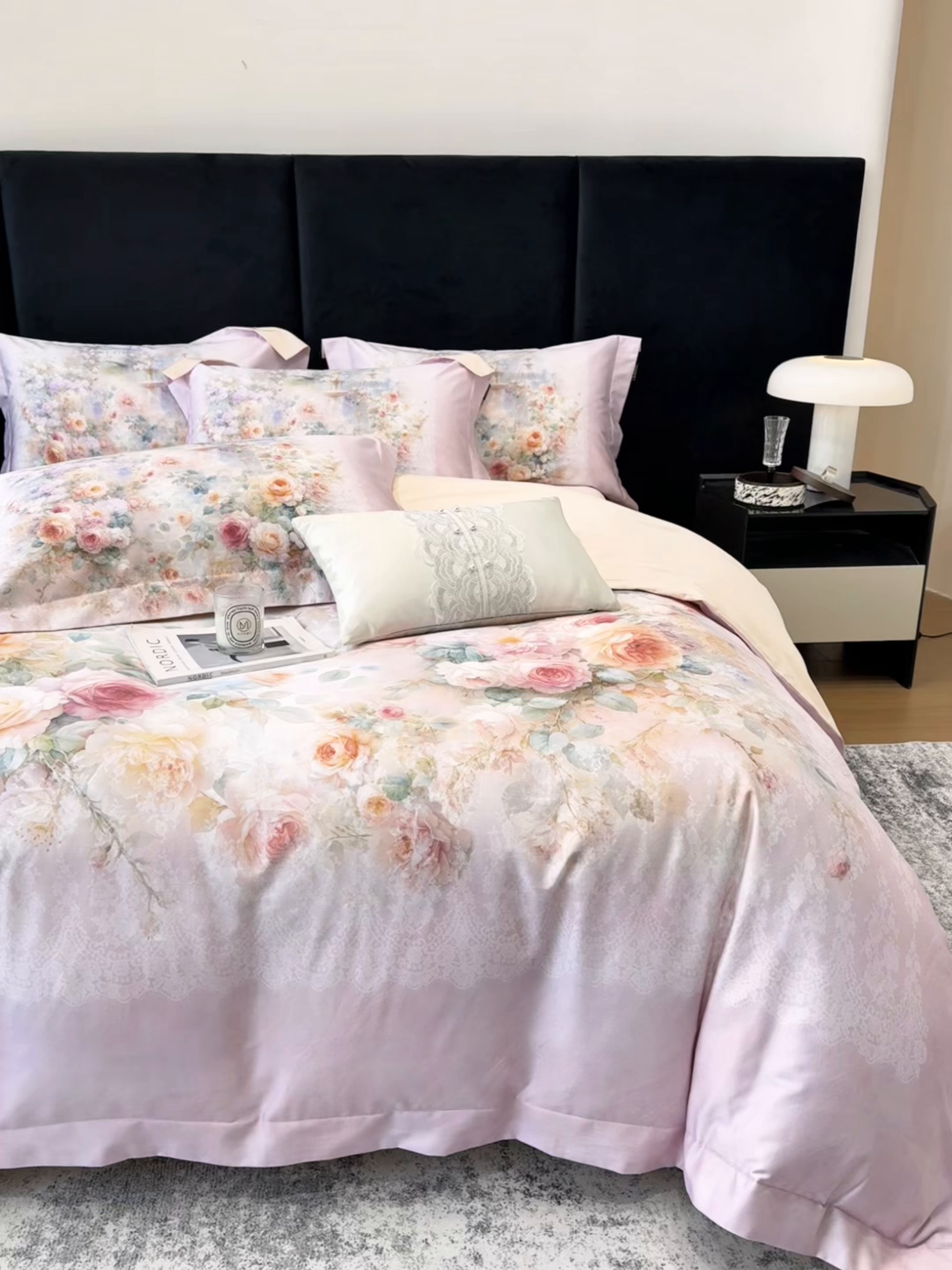 91家纺网 家纺一手货源 找家纺 莱势 2026新款100支全棉纯棉50x50s贡缎长绒棉数码印花四件套高端礼盒-芙光 芙光-轻奢粉