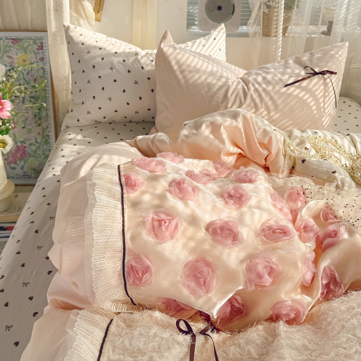91家纺网 家纺一手货源 找家纺 （总）庭笙 2026新款可爱少女心玫瑰花碎花拼接棉感四件套-花漫里