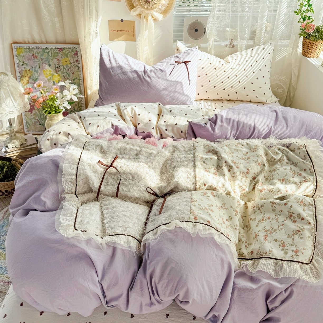 91家纺网 家纺一手货源 找家纺 （总）庭笙 2026新款可爱少女心玫瑰花碎花拼接棉感四件套-花漫里