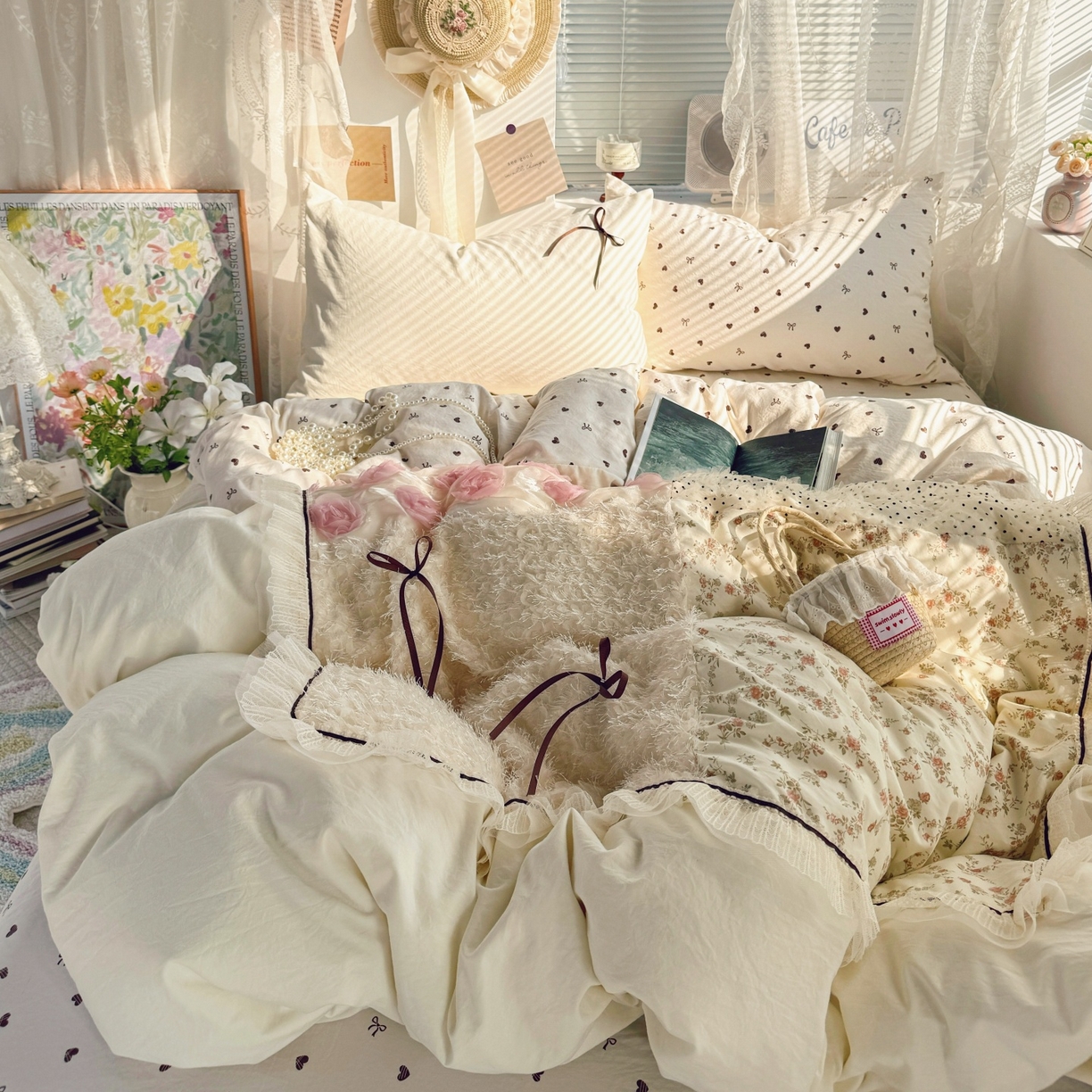 91家纺网 家纺一手货源 找家纺 （总）庭笙 2026新款可爱少女心玫瑰花碎花拼接棉感四件套-花漫里