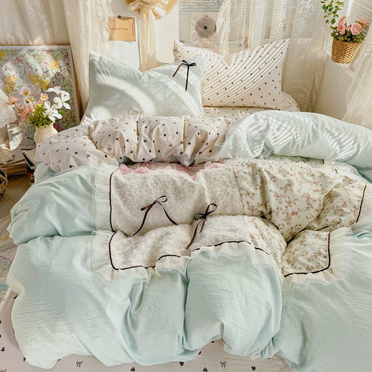 91家纺网 家纺一手货源 找家纺 （总）庭笙 2026新款可爱少女心玫瑰花碎花拼接棉感四件套-花漫里