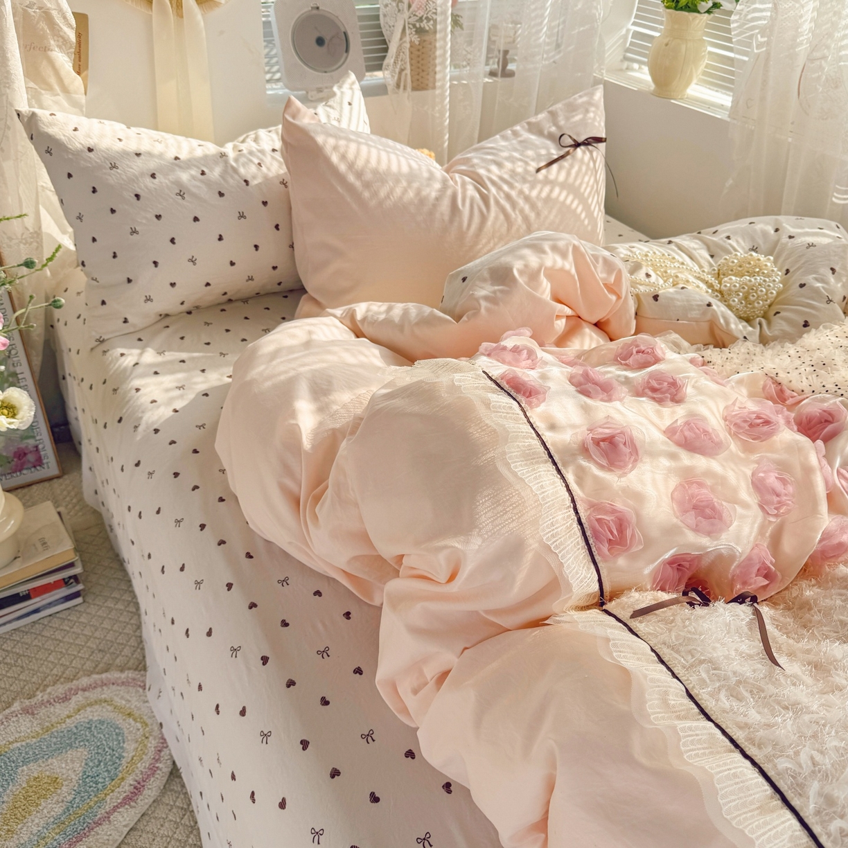 91家纺网 家纺一手货源 找家纺 庭笙 2026新款可爱少女心玫瑰花碎花拼接棉感四件套-花漫里 花漫里-粉