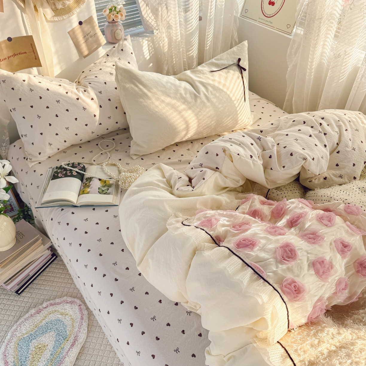 91家纺网 家纺一手货源 找家纺 庭笙 2026新款可爱少女心玫瑰花碎花拼接棉感四件套-花漫里 花漫里-米
